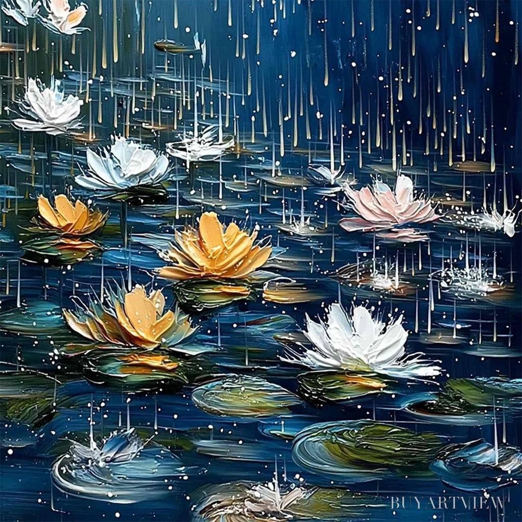 ARTOVITAS Celestial Rain – Textured Impasto Painting of Water Lilies in Rain - image 3