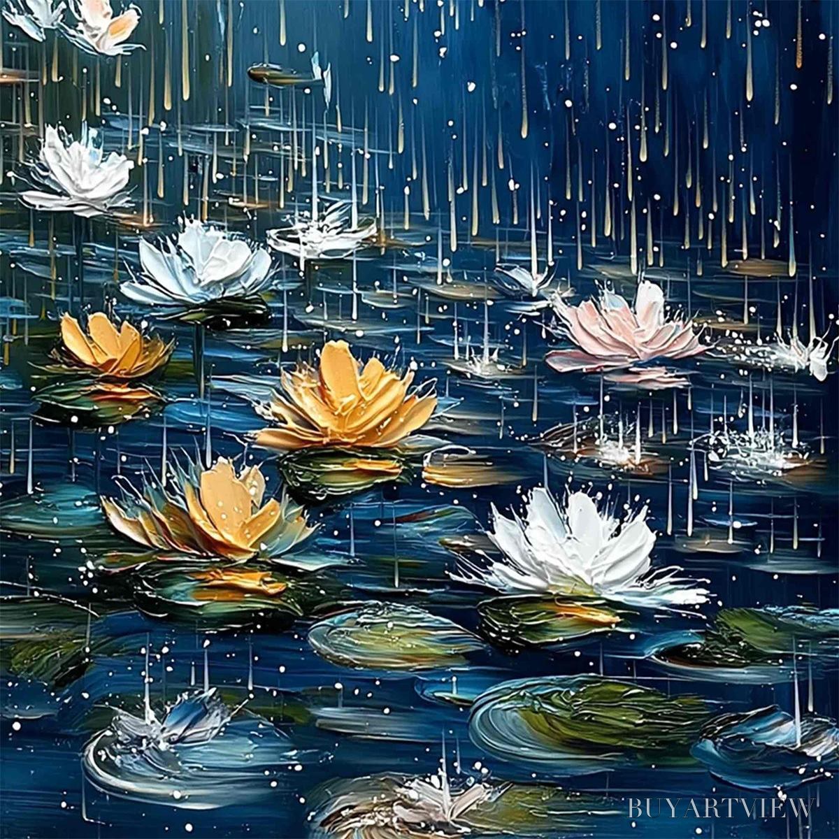 ARTOVITAS Celestial Rain – Textured Impasto Painting of Water Lilies in Rain - image 3