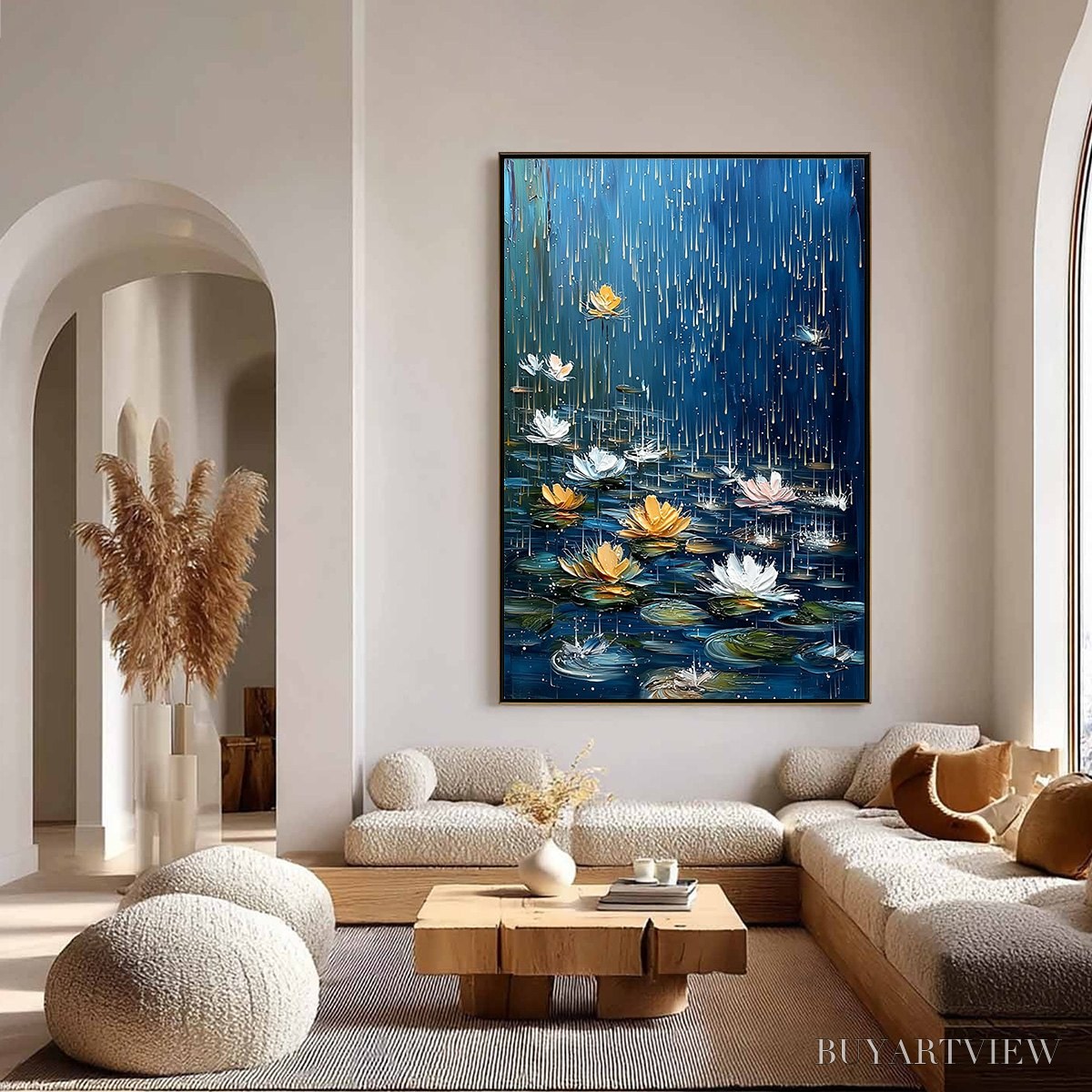 ARTOVITAS Celestial Rain – Textured Impasto Painting of Water Lilies in Rain - image 4