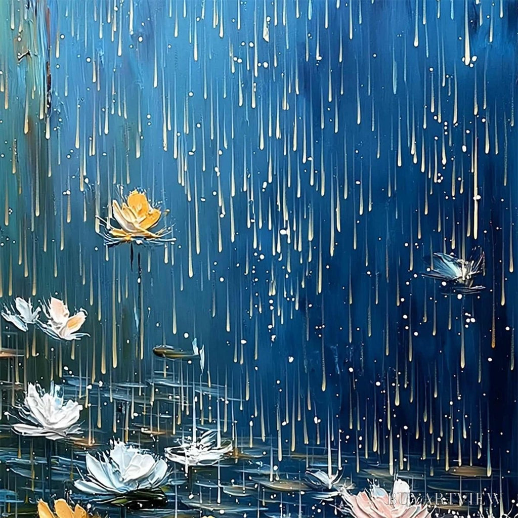 ARTOVITAS Celestial Rain – Textured Impasto Painting of Water Lilies in Rain - image 5