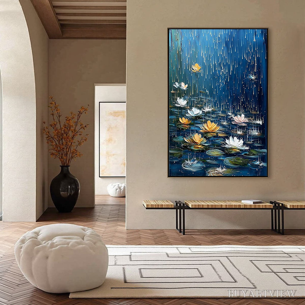ARTOVITAS Celestial Rain – Textured Impasto Painting of Water Lilies in Rain - image 6