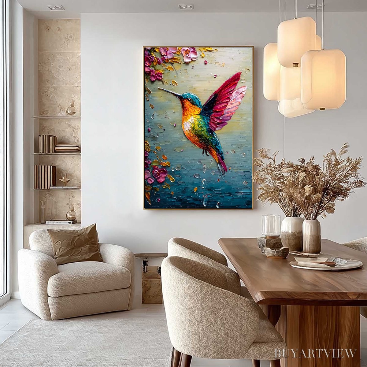 ARTOVITAS Nectar Flight – Vibrant Impressionist Hummingbird Floral Oil Painting - image 2