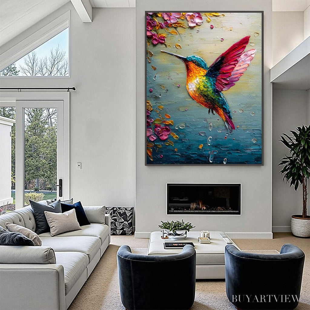 ARTOVITAS Nectar Flight – Vibrant Impressionist Hummingbird Floral Oil Painting - image 4