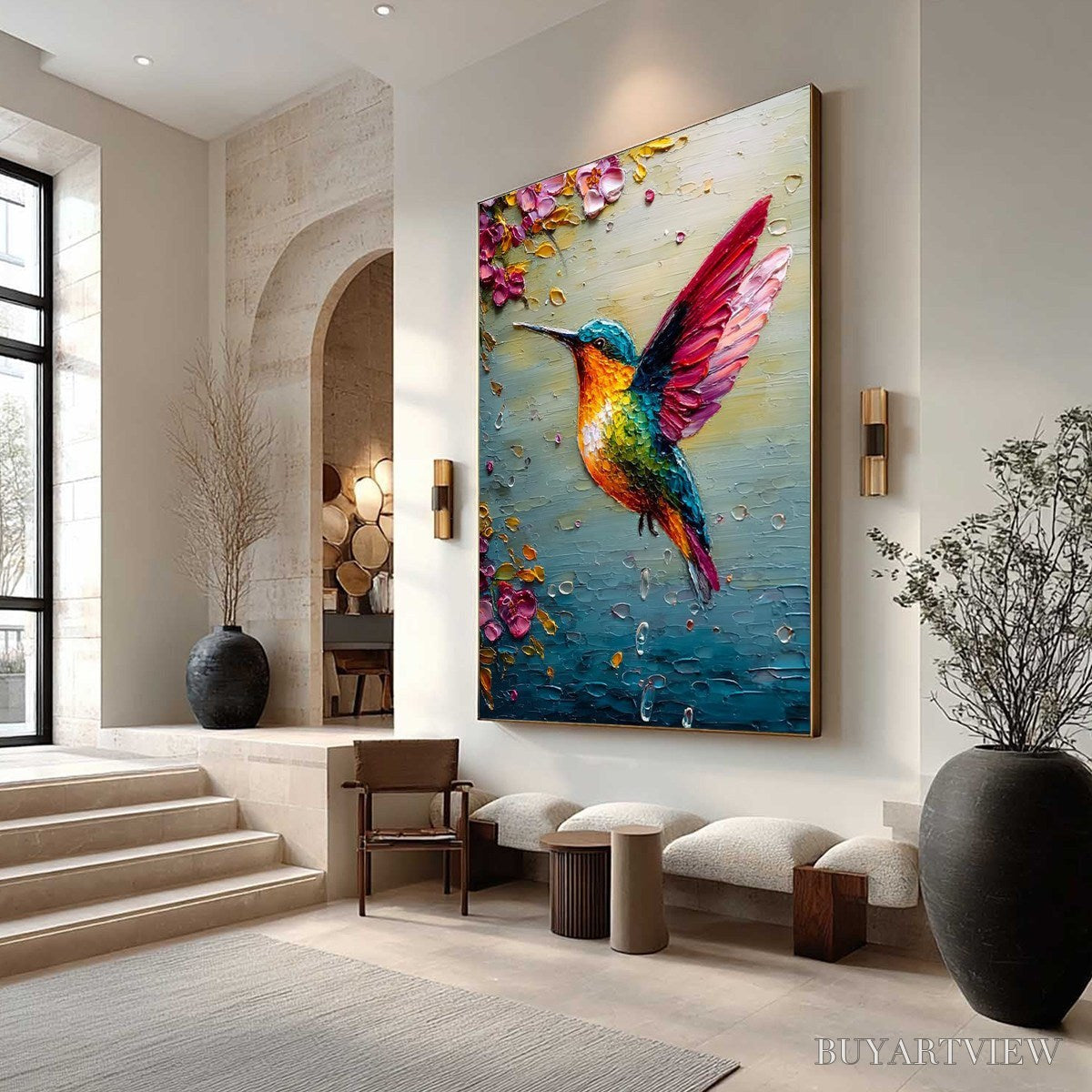 ARTOVITAS Nectar Flight – Vibrant Impressionist Hummingbird Floral Oil Painting - image 6
