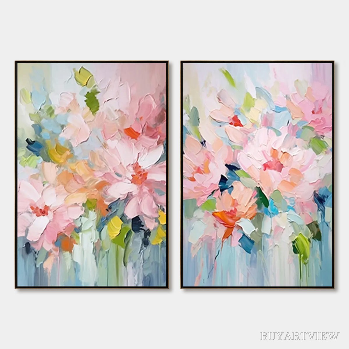 ARTOVITAS Blossom Chorale – Textured Impressionist Floral Diptych Oil Painting - image 1