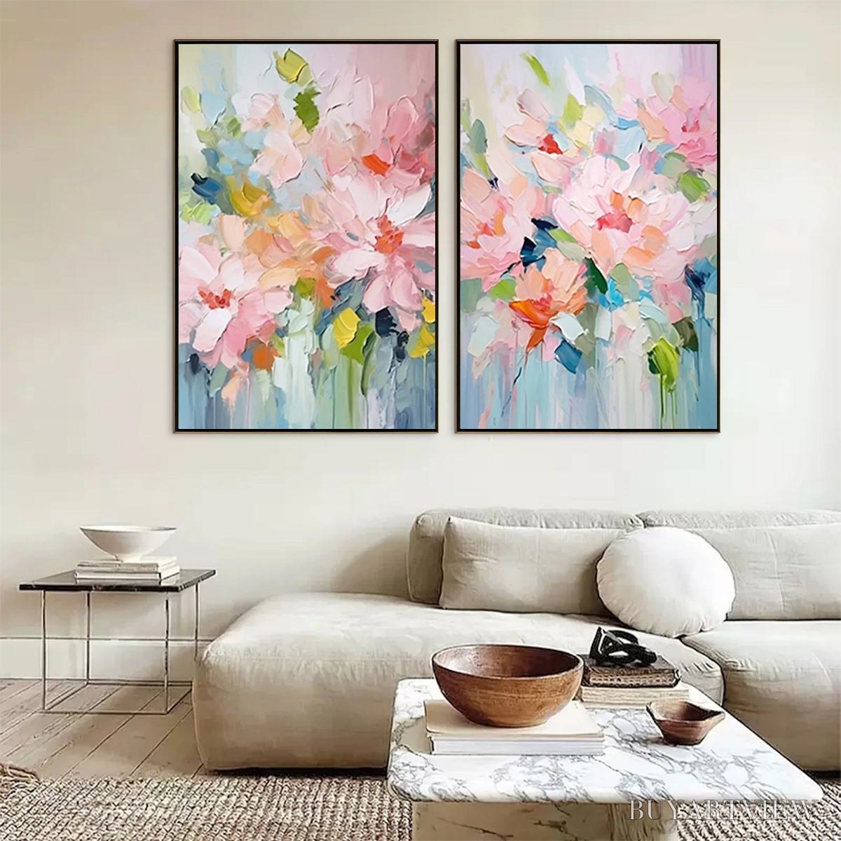 ARTOVITAS Blossom Chorale – Textured Impressionist Floral Diptych Oil Painting - image 2