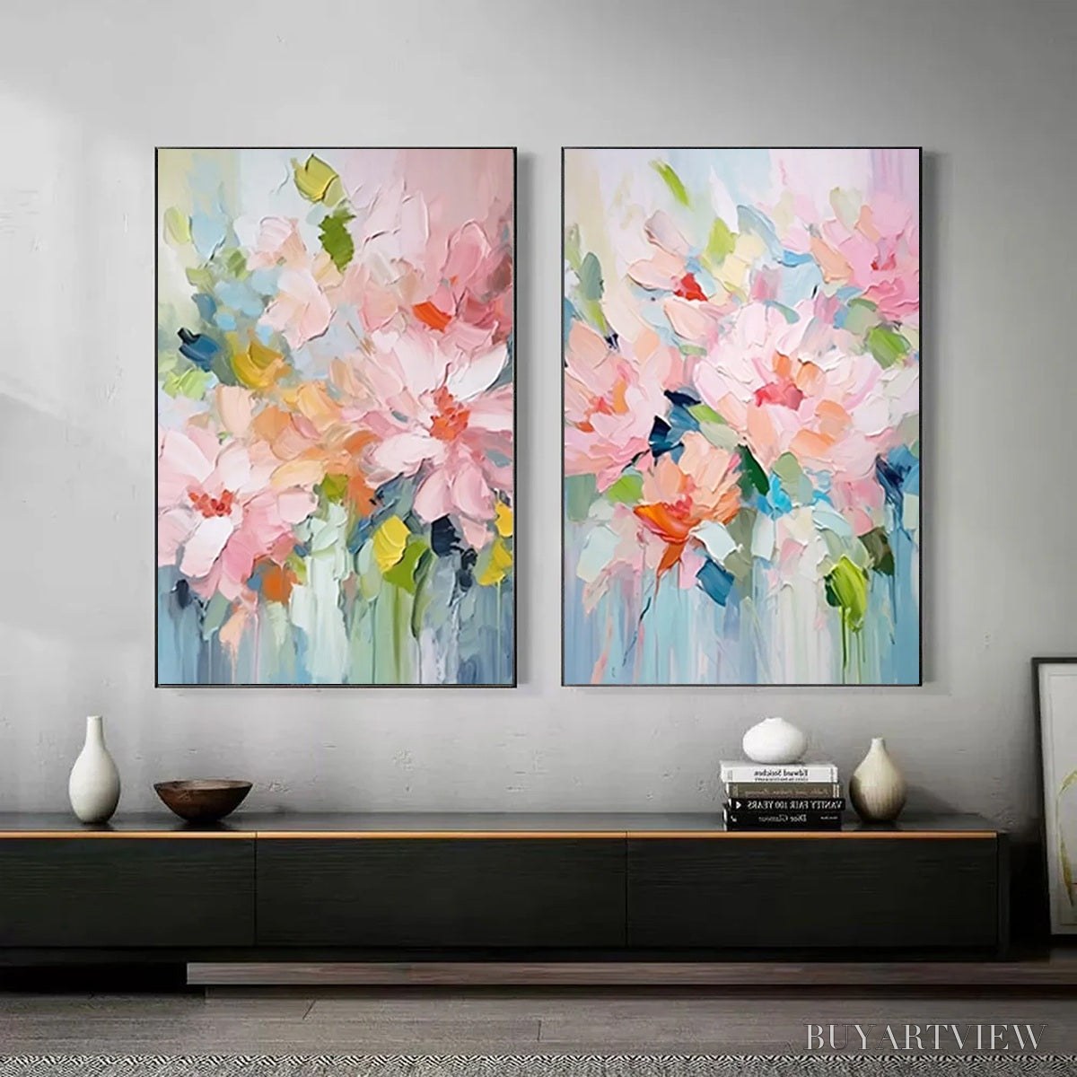 ARTOVITAS Blossom Chorale – Textured Impressionist Floral Diptych Oil Painting - image 3