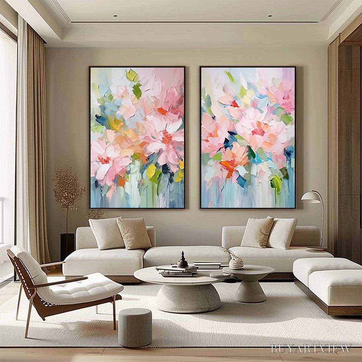 ARTOVITAS Blossom Chorale – Textured Impressionist Floral Diptych Oil Painting - image 5