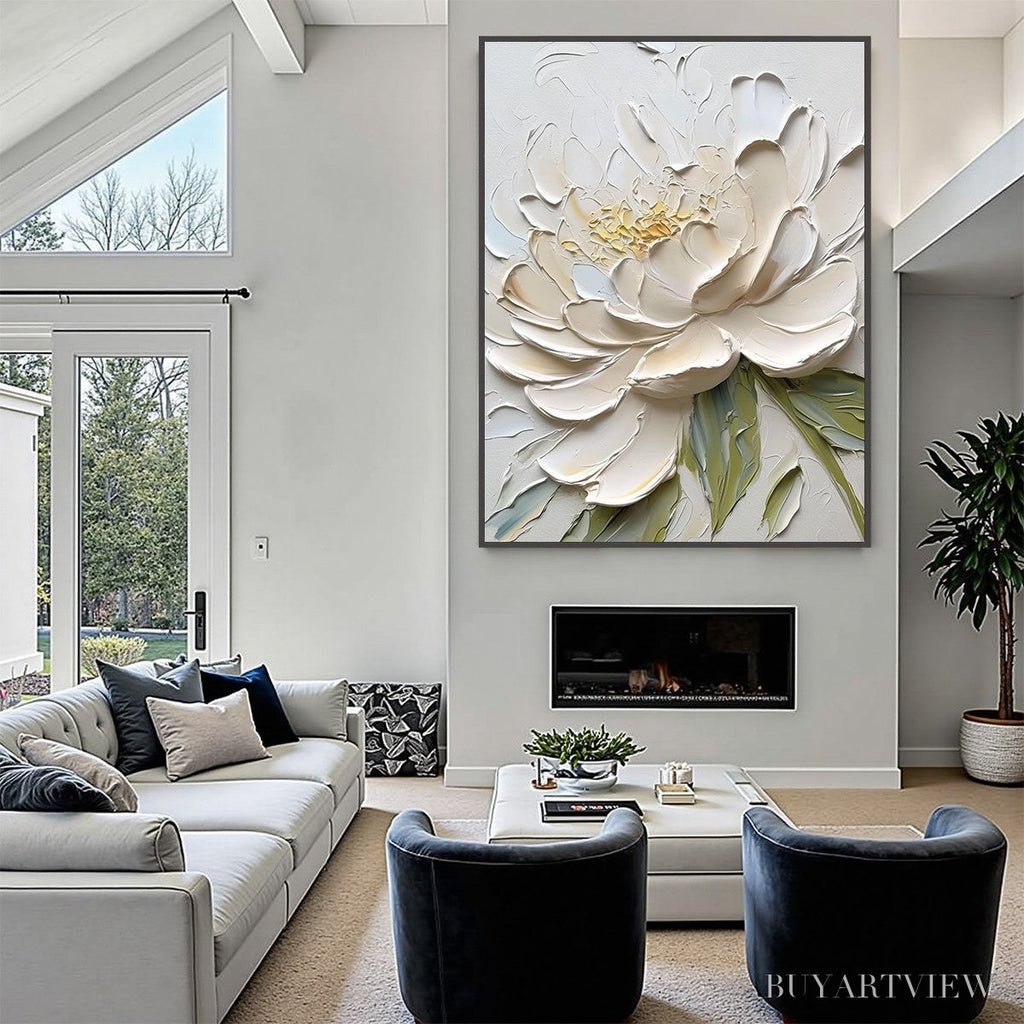 ARTOVITAS Ivory Petals – Textured Impasto Peony Painting - image 2