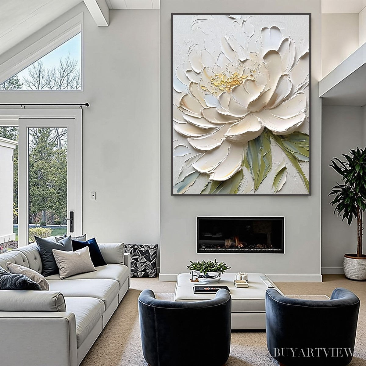 ARTOVITAS Ivory Petals – Textured Impasto Peony Painting - image 2