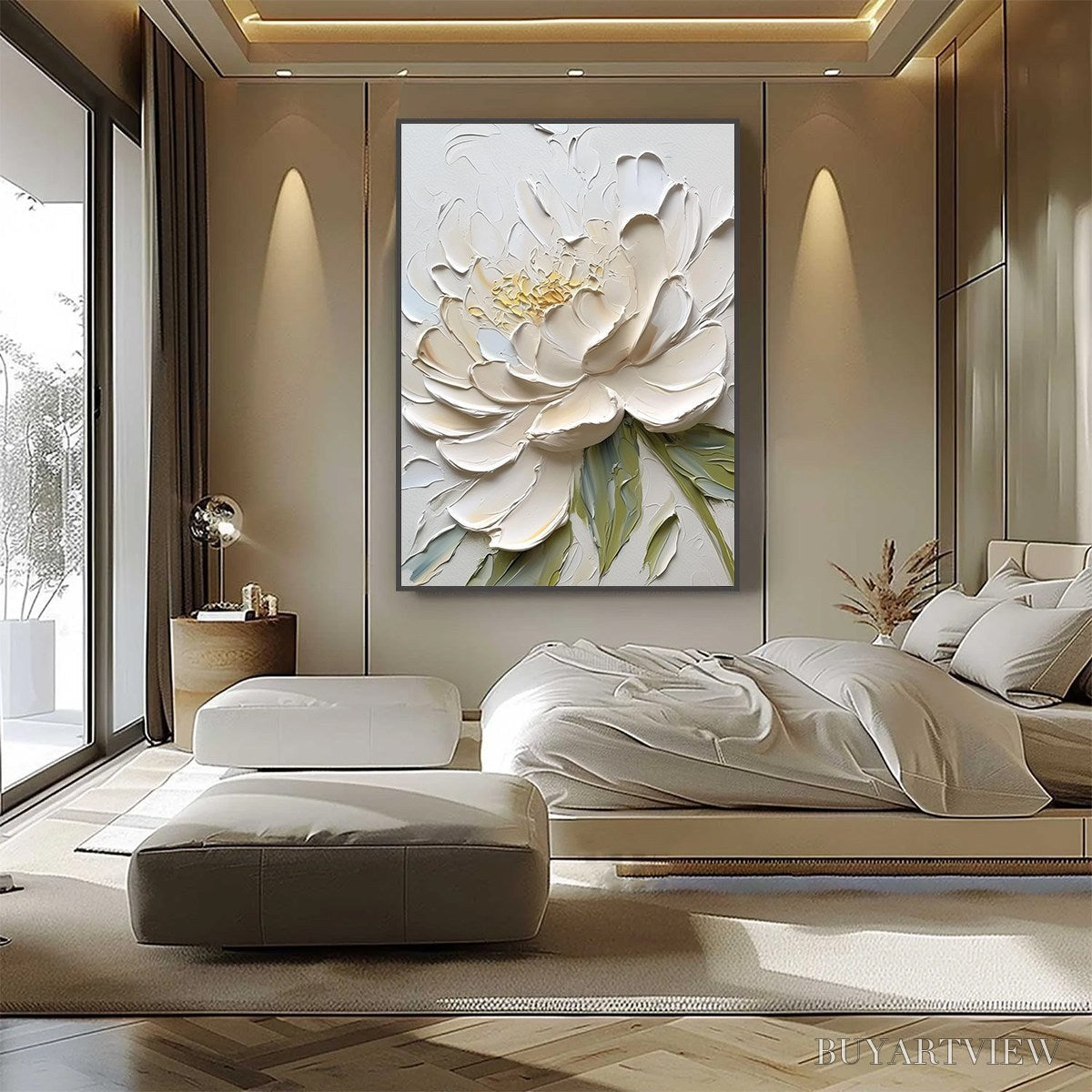 ARTOVITAS Ivory Petals – Textured Impasto Peony Painting - image 4