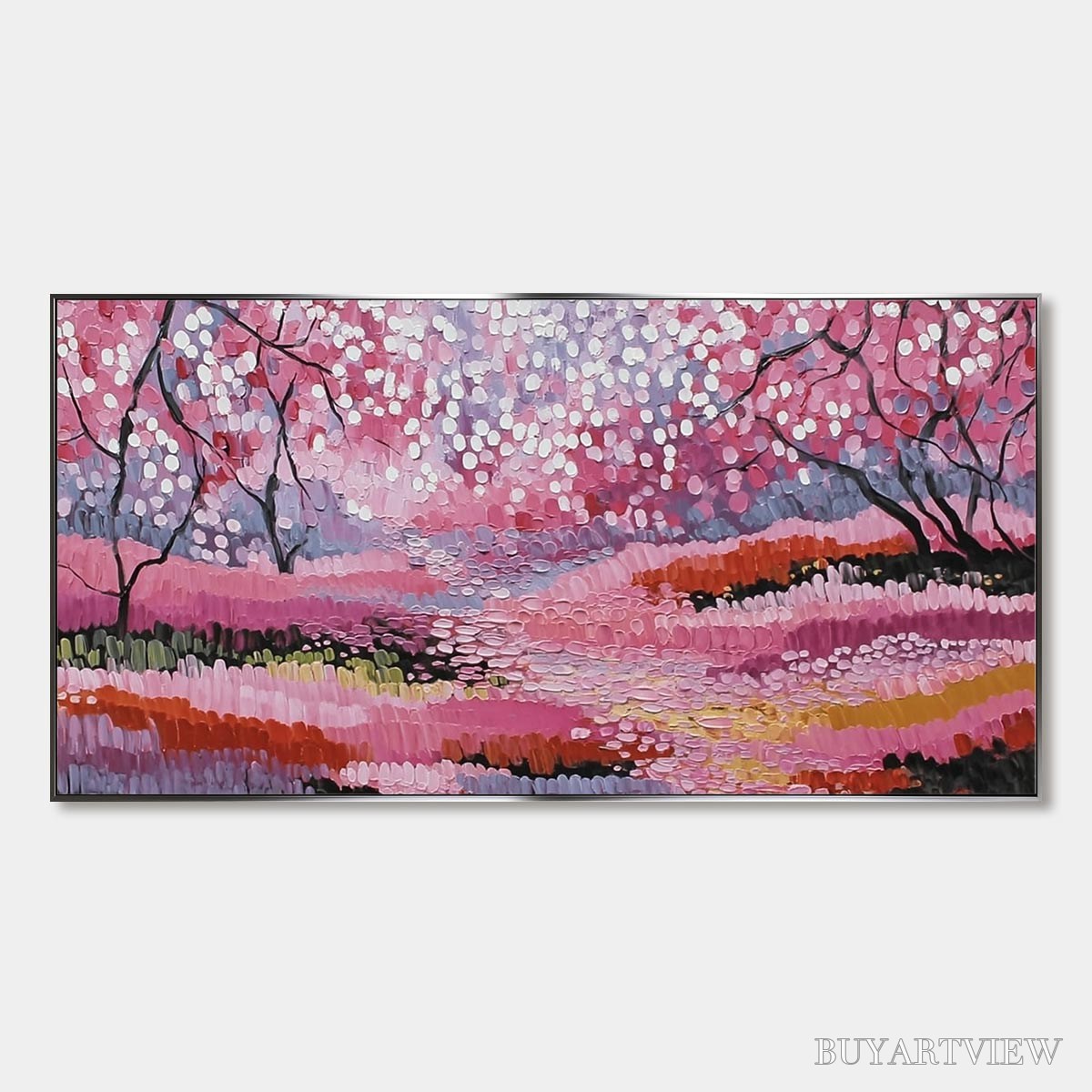 ARTOVITAS Cherry Blossom Path – Textured Impasto Landscape Oil Painting - image 1