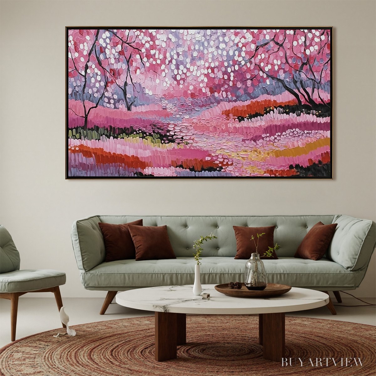 ARTOVITAS Cherry Blossom Path – Textured Impasto Landscape Oil Painting - image 2
