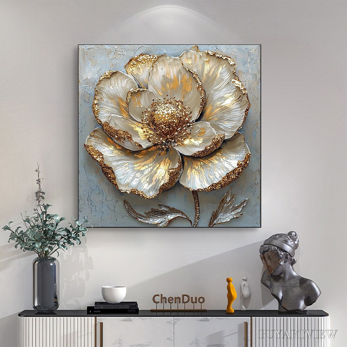 ARTOVITAS Golden Bloom – Textured Impasto Floral Oil Painting with Gold Accents - image 2