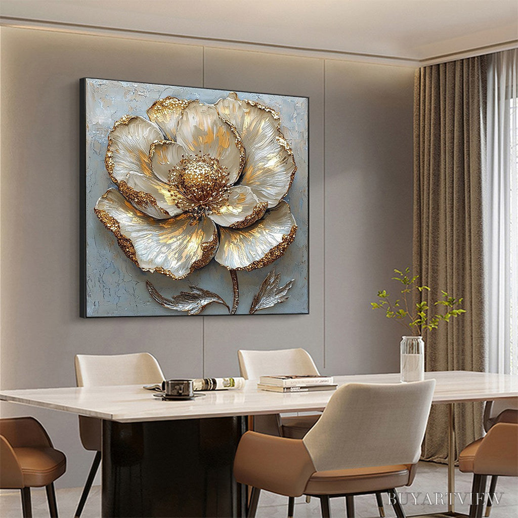 ARTOVITAS Golden Bloom – Textured Impasto Floral Oil Painting with Gold Accents - image 4