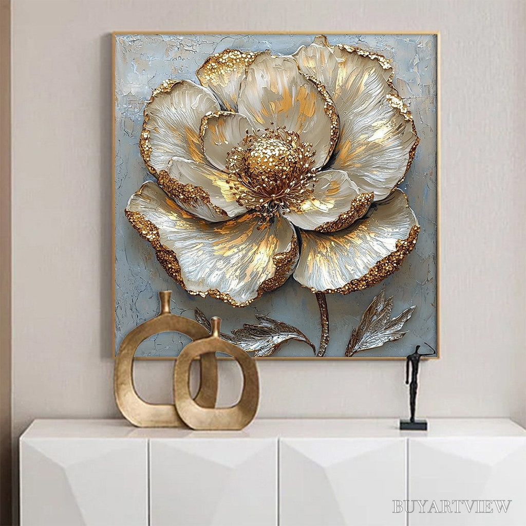 ARTOVITAS Golden Bloom – Textured Impasto Floral Oil Painting with Gold Accents - image 5