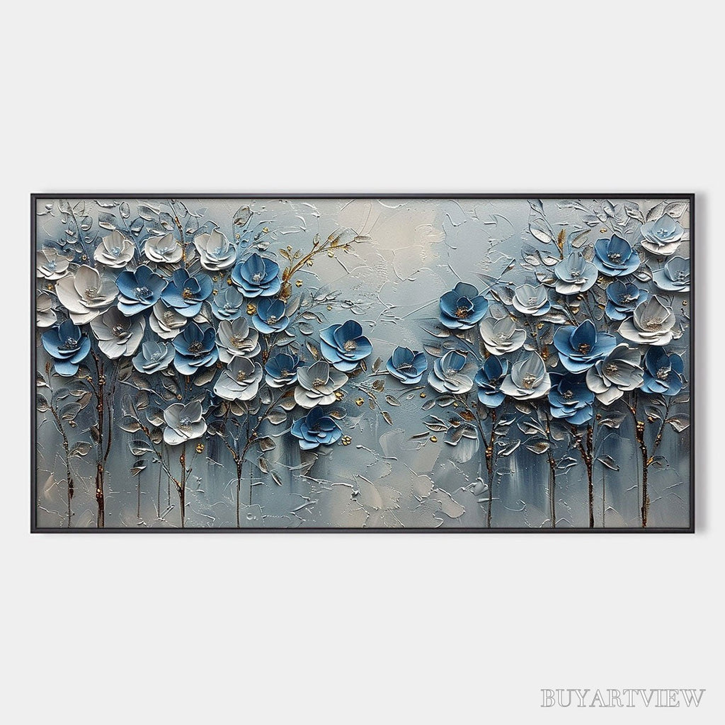 ARTOVITAS Azure Blossoms – Textured Blue and Gold Floral Oil Painting - image 1