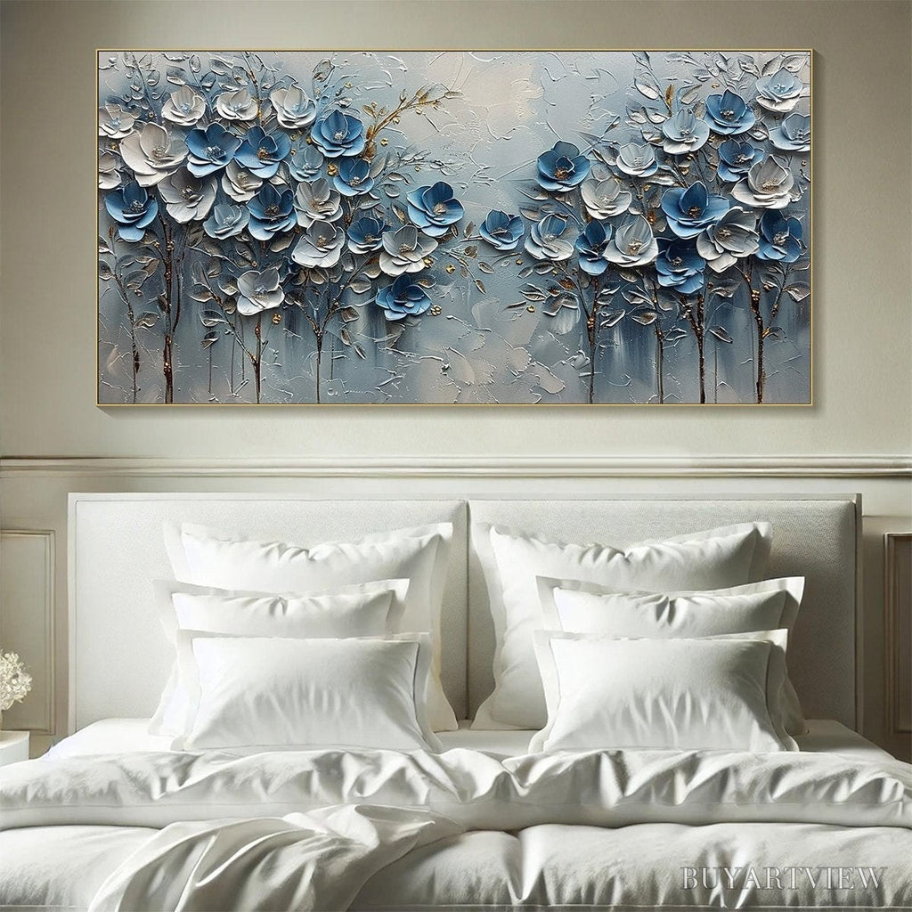 ARTOVITAS Azure Blossoms – Textured Blue and Gold Floral Oil Painting - image 2