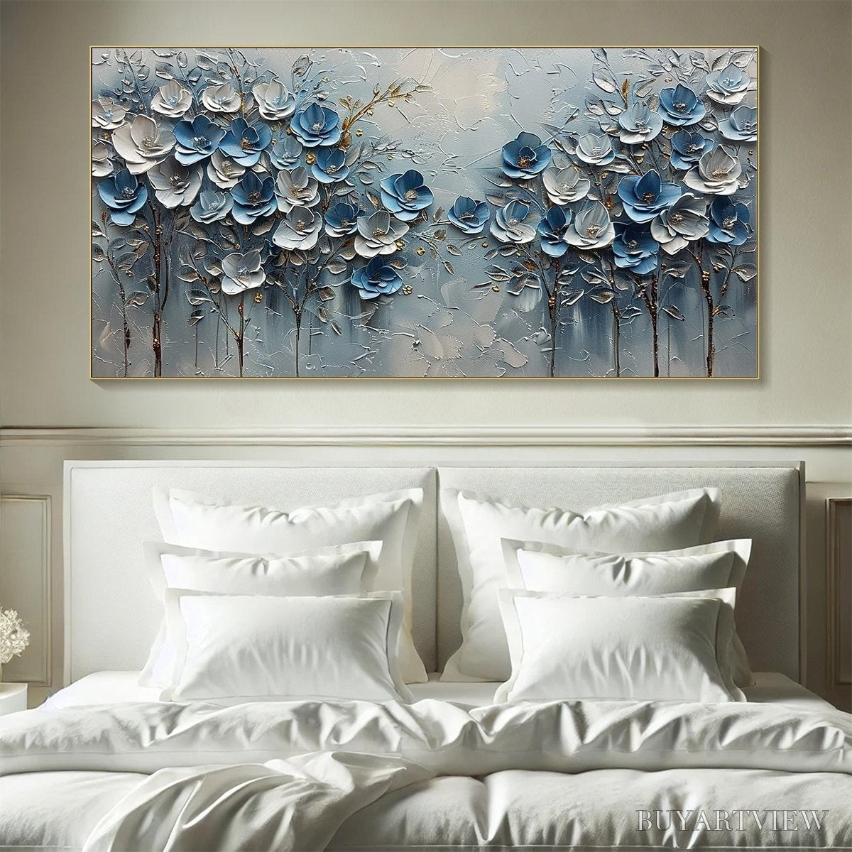 ARTOVITAS Azure Blossoms – Textured Blue and Gold Floral Oil Painting - image 2