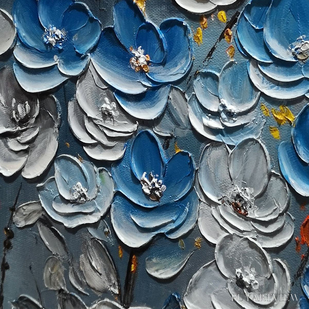 ARTOVITAS Azure Blossoms – Textured Blue and Gold Floral Oil Painting - image 3