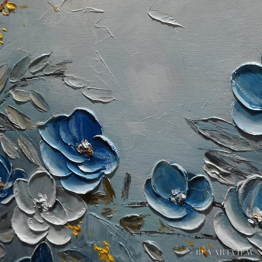 ARTOVITAS Azure Blossoms – Textured Blue and Gold Floral Oil Painting - image 5