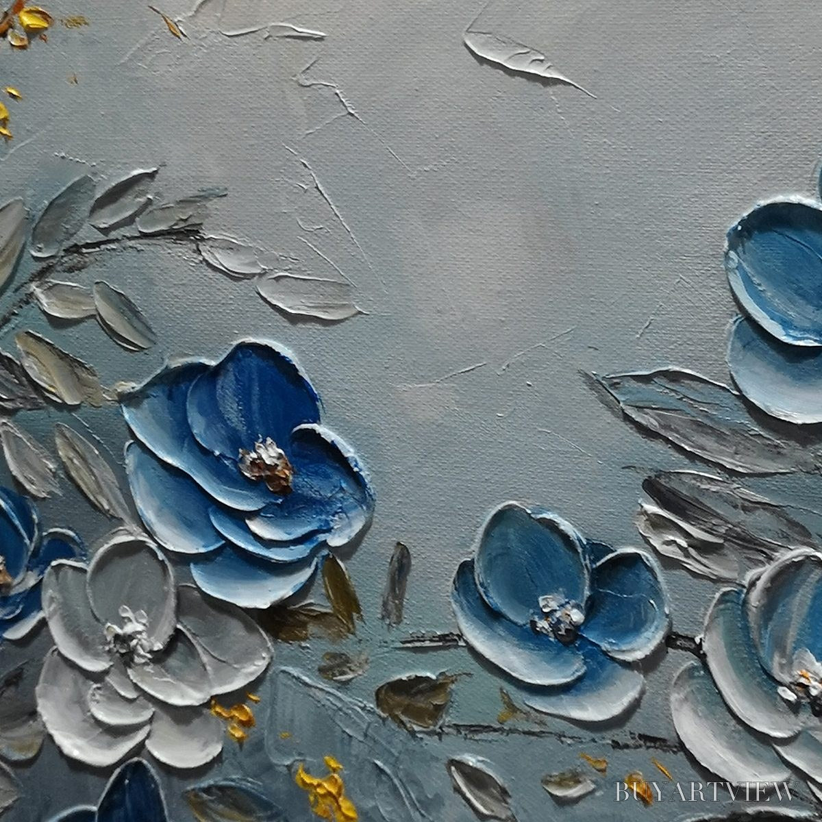 ARTOVITAS Azure Blossoms – Textured Blue and Gold Floral Oil Painting - image 5