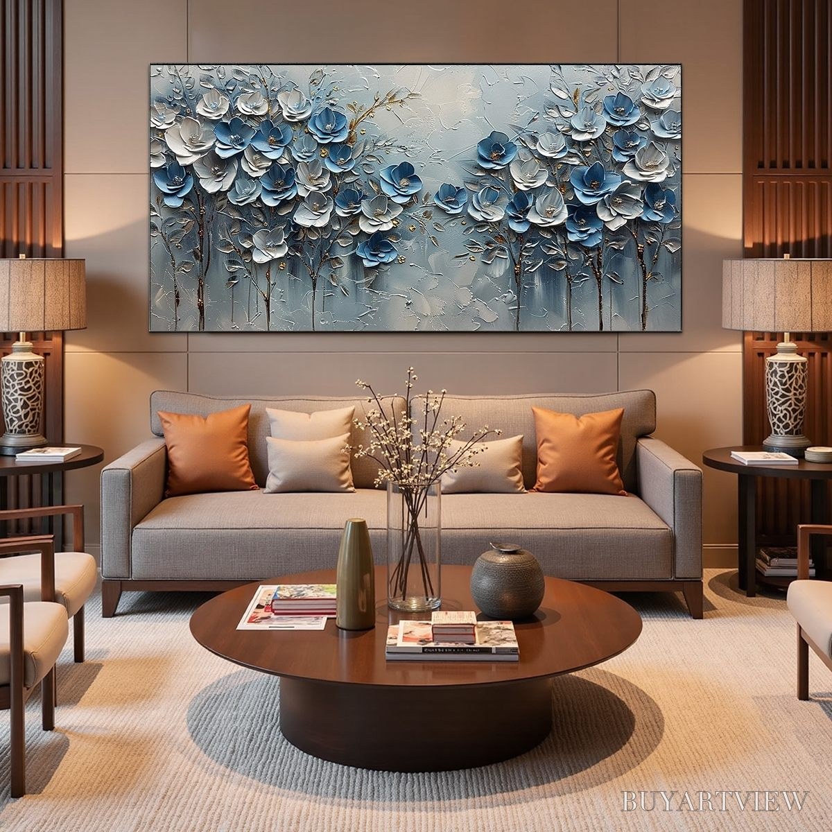 ARTOVITAS Azure Blossoms – Textured Blue and Gold Floral Oil Painting - image 6