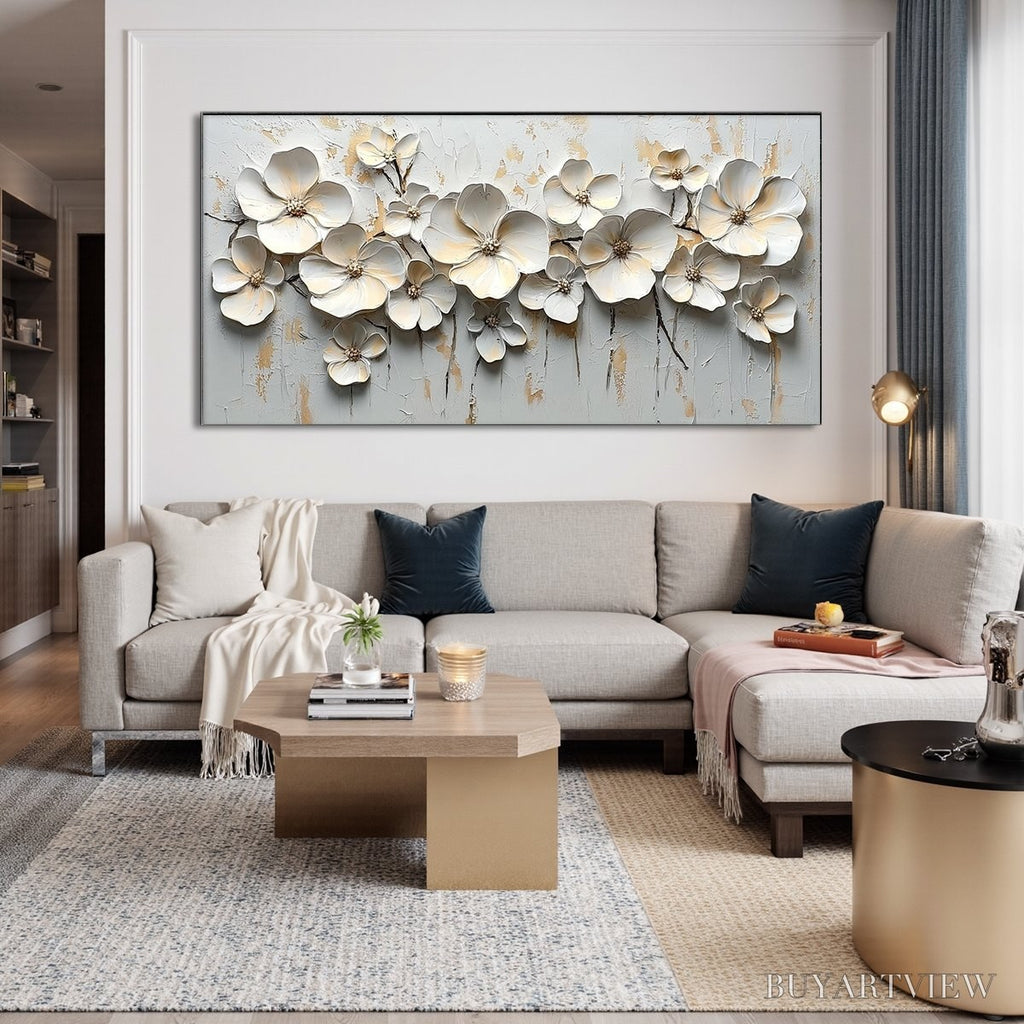 ARTOVITAS White Blossom Serenade – Textured 3D Floral Oil Painting - image 2