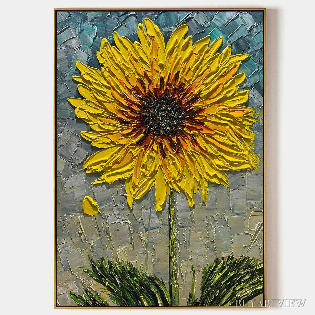 ARTOVITAS Solar Bloom – Textured Impasto Sunflower Oil Painting in Yellow and Grey - image 1