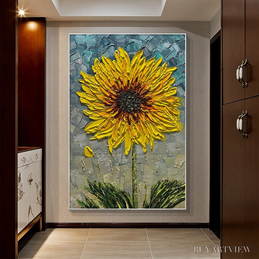 ARTOVITAS Solar Bloom – Textured Impasto Sunflower Oil Painting in Yellow and Grey - image 2