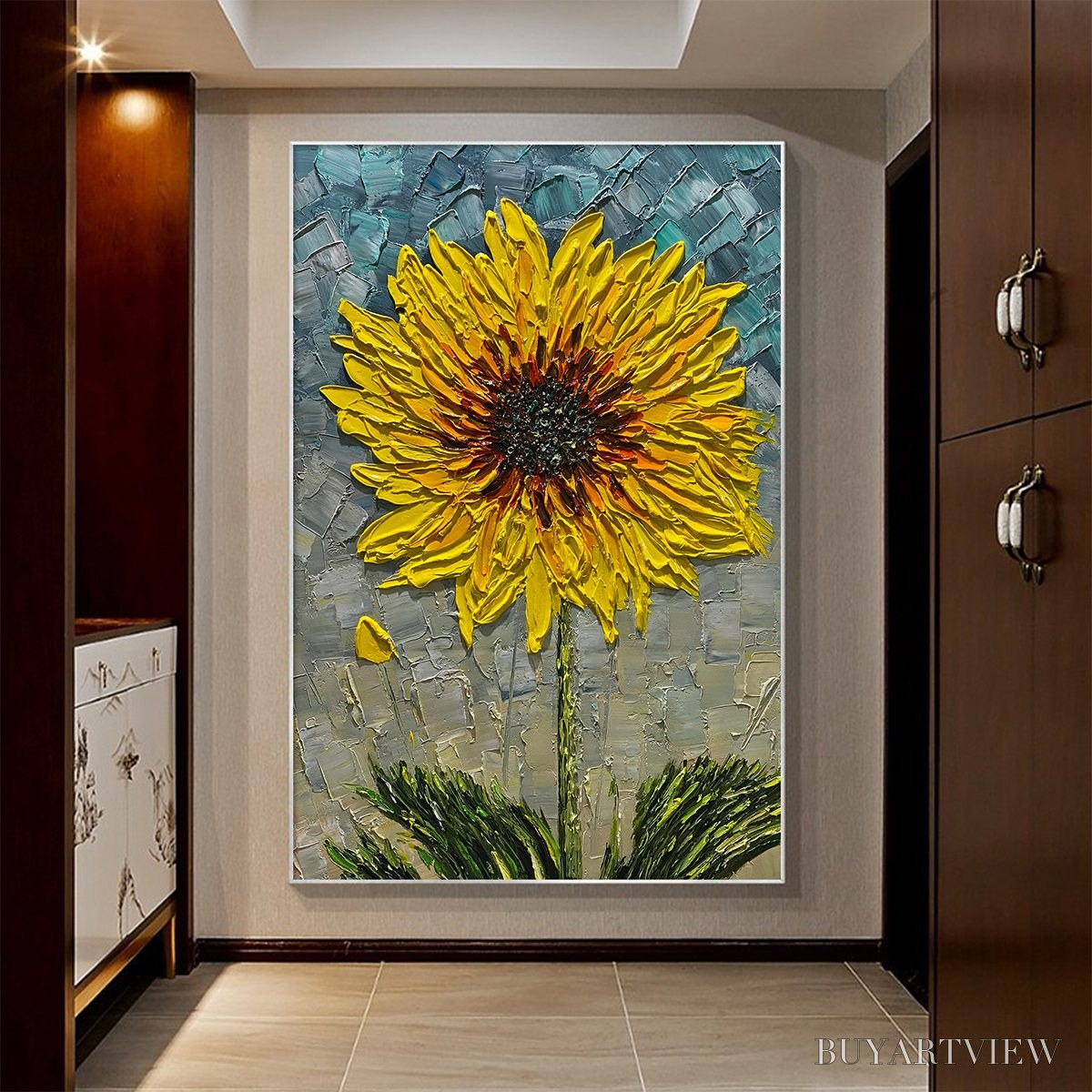 ARTOVITAS Solar Bloom – Textured Impasto Sunflower Oil Painting in Yellow and Grey - image 2