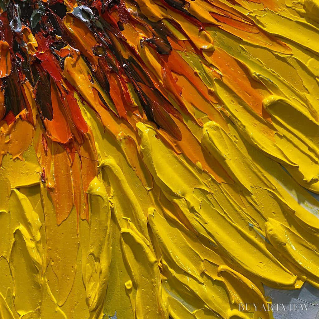 ARTOVITAS Solar Bloom – Textured Impasto Sunflower Oil Painting in Yellow and Grey - image 3