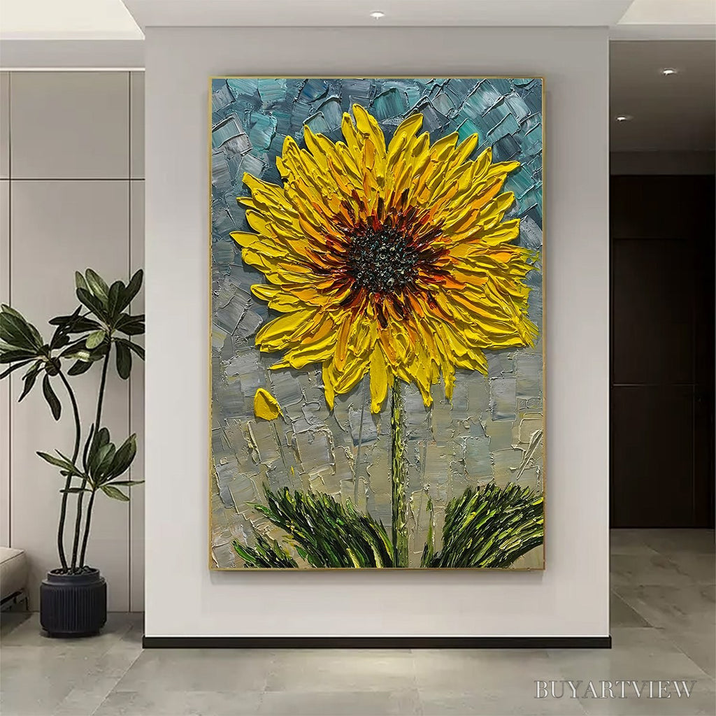 ARTOVITAS Solar Bloom – Textured Impasto Sunflower Oil Painting in Yellow and Grey - image 4