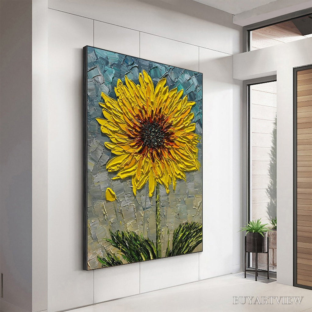 ARTOVITAS Solar Bloom – Textured Impasto Sunflower Oil Painting in Yellow and Grey - image 5