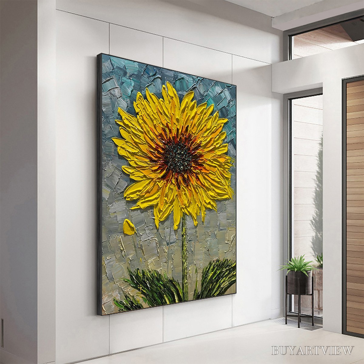 ARTOVITAS Solar Bloom – Textured Impasto Sunflower Oil Painting in Yellow and Grey - image 5