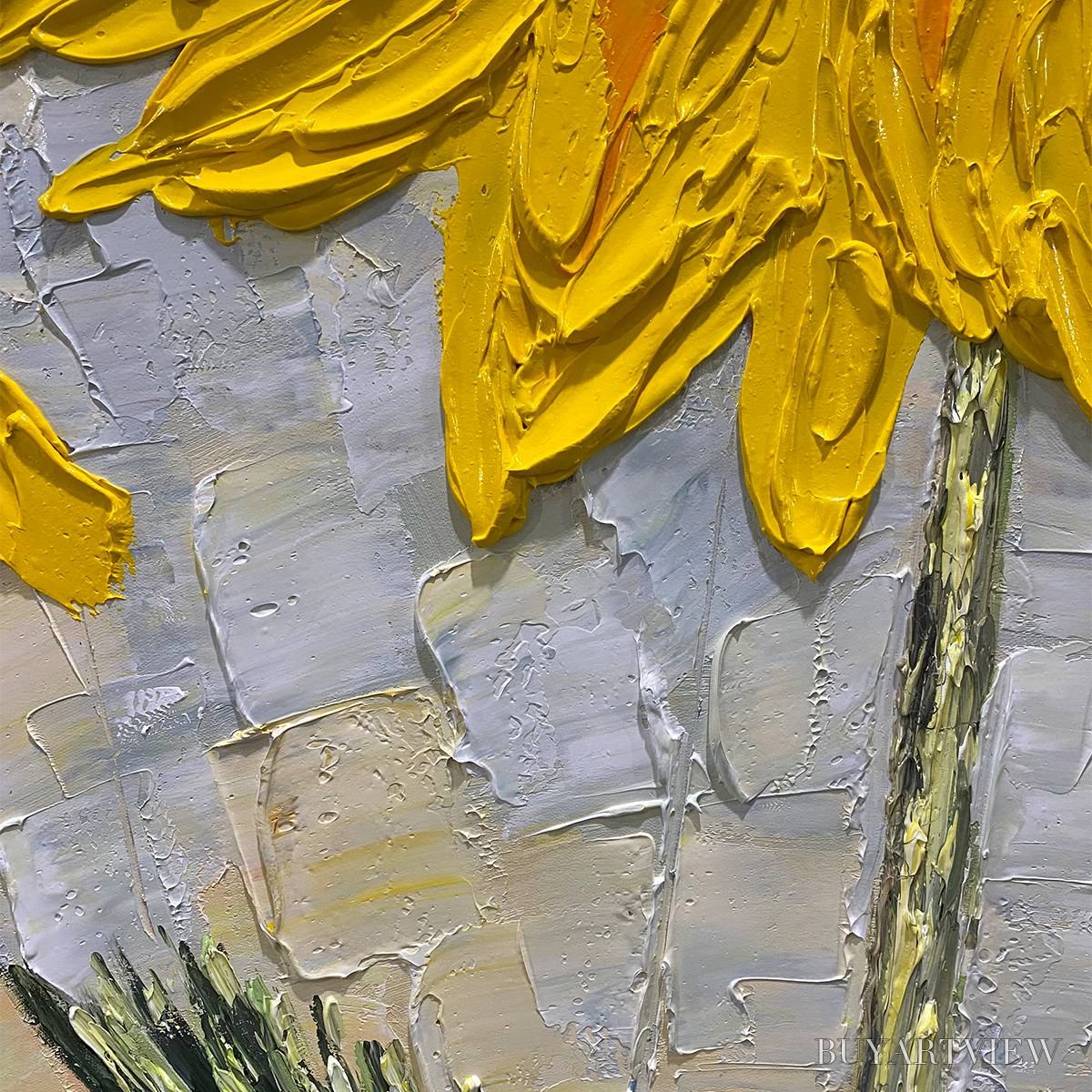 ARTOVITAS Solar Bloom – Textured Impasto Sunflower Oil Painting in Yellow and Grey - image 6