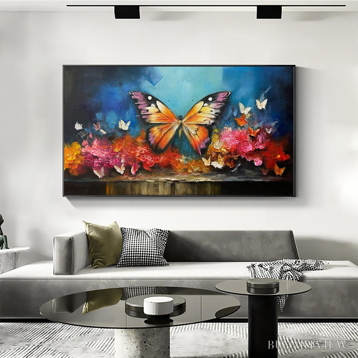 ARTOVITAS Monarch'S Repose – Orange and Purple Butterfly with Floral Impasto Oil Painting - image 2