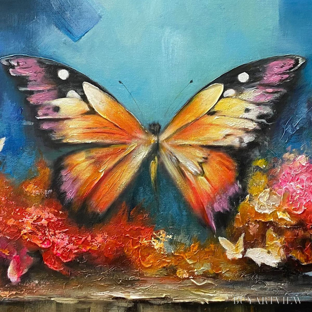ARTOVITAS Monarch'S Repose – Orange and Purple Butterfly with Floral Impasto Oil Painting - image 3