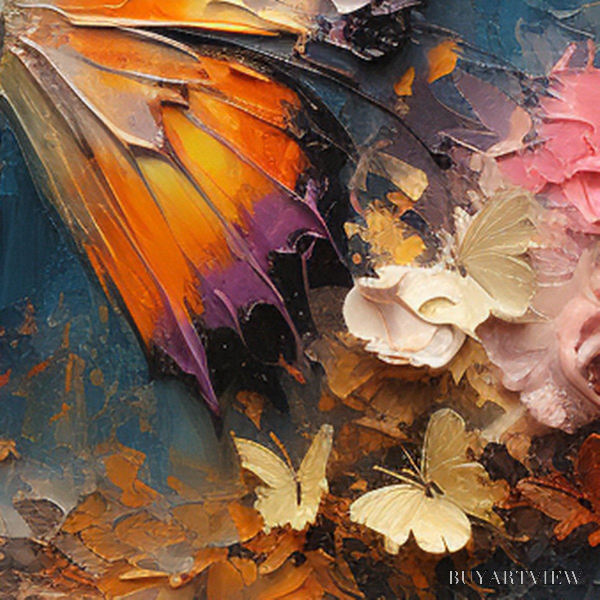 ARTOVITAS Monarch'S Repose – Orange and Purple Butterfly with Floral Impasto Oil Painting - image 5