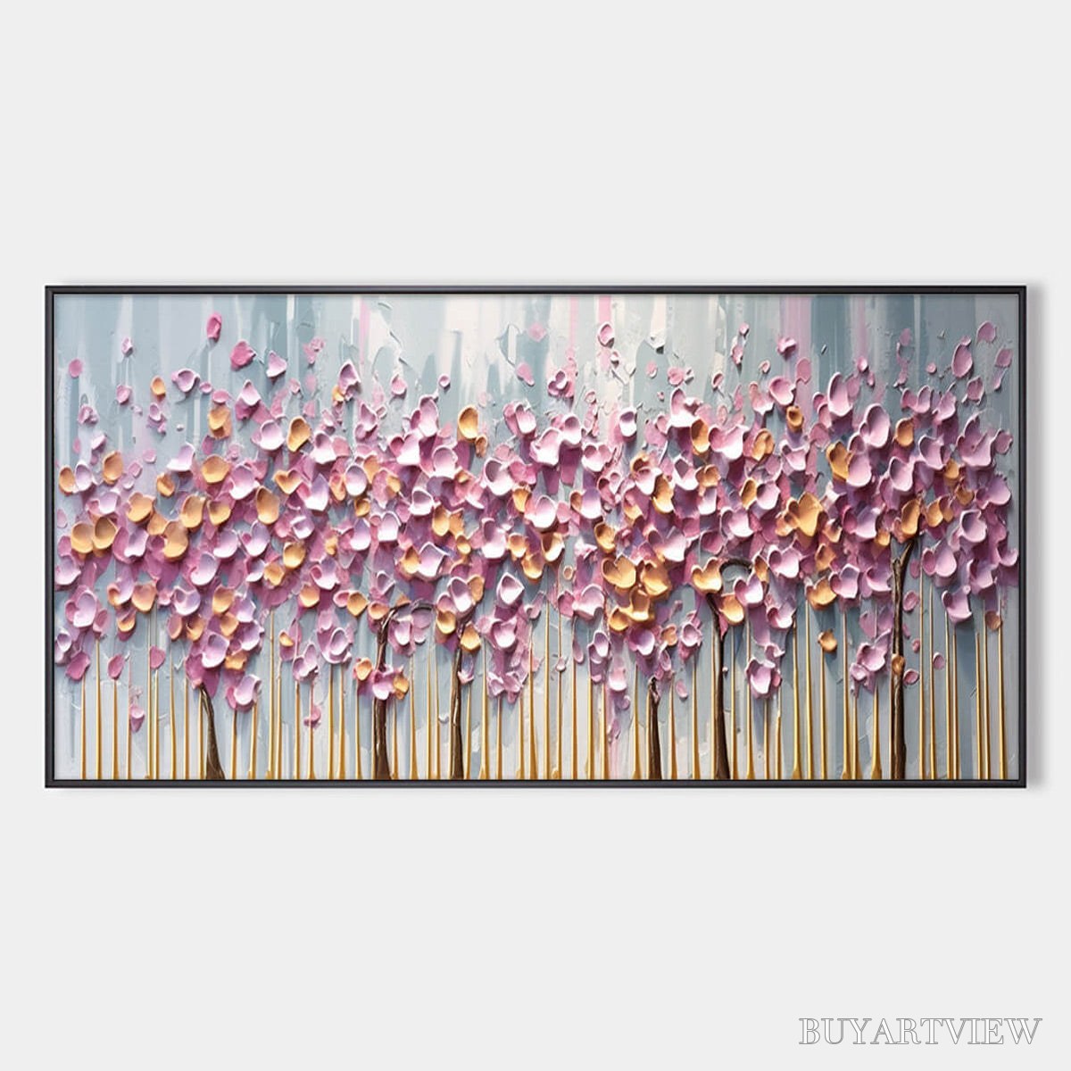 ARTOVITAS Rosewood Dawn – Textured Floral Landscape Oil Painting in Pink - image 1