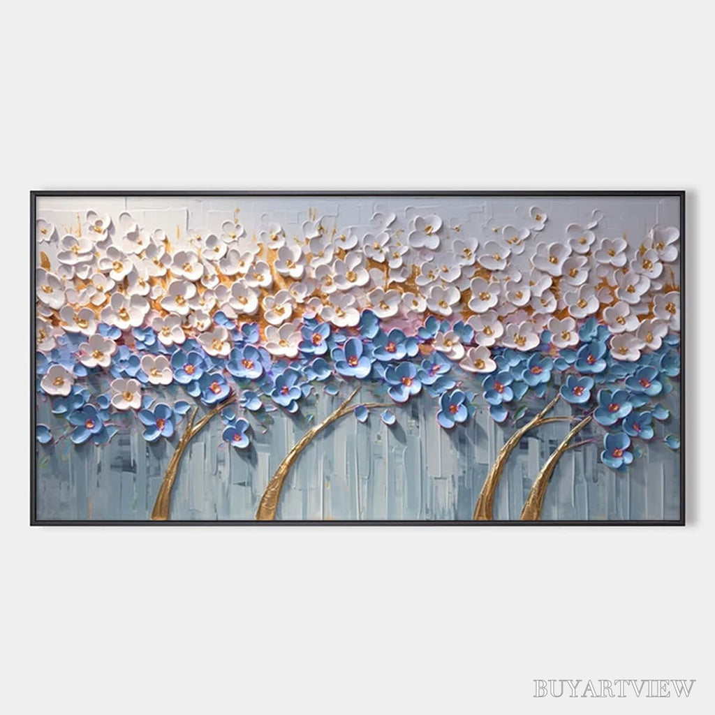 ARTOVITAS Azure Dream – Textured Floral Landscape Oil Painting in Blue, White, and Gold - image 1