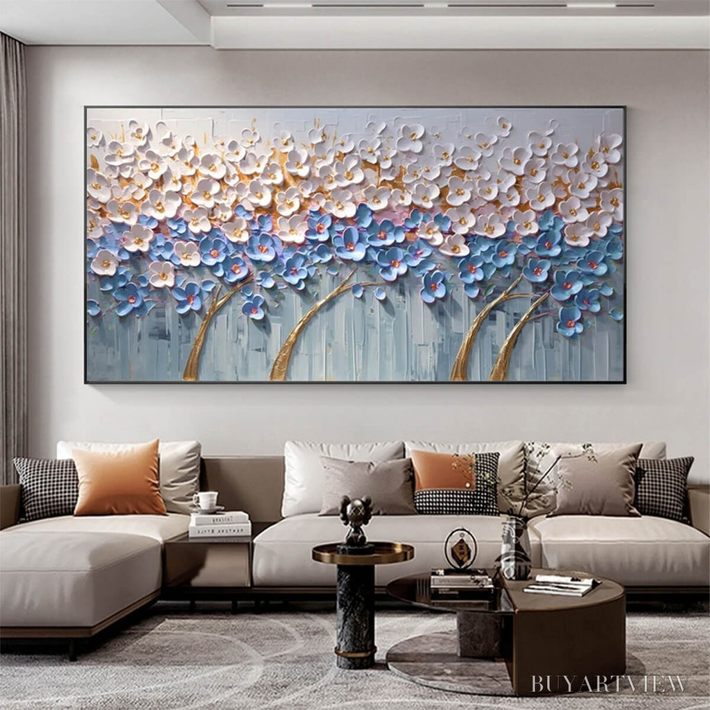 ARTOVITAS Azure Dream – Textured Floral Landscape Oil Painting in Blue, White, and Gold - image 2
