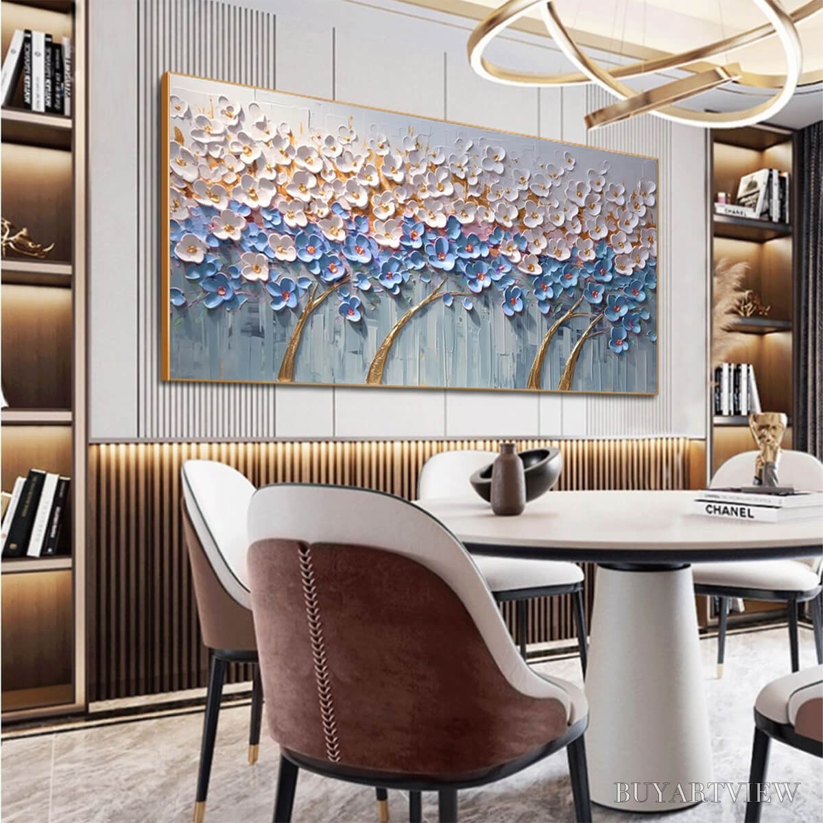 ARTOVITAS Azure Dream – Textured Floral Landscape Oil Painting in Blue, White, and Gold - image 4