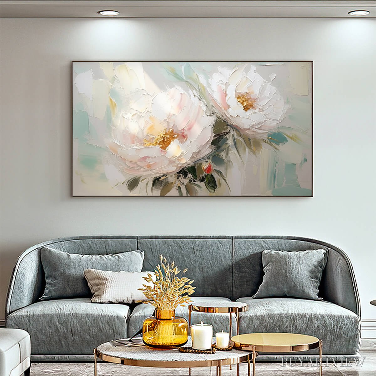 ARTOVITAS Serene Blossoms – Textured Floral Oil Painting in Soft White and Blush - image 2