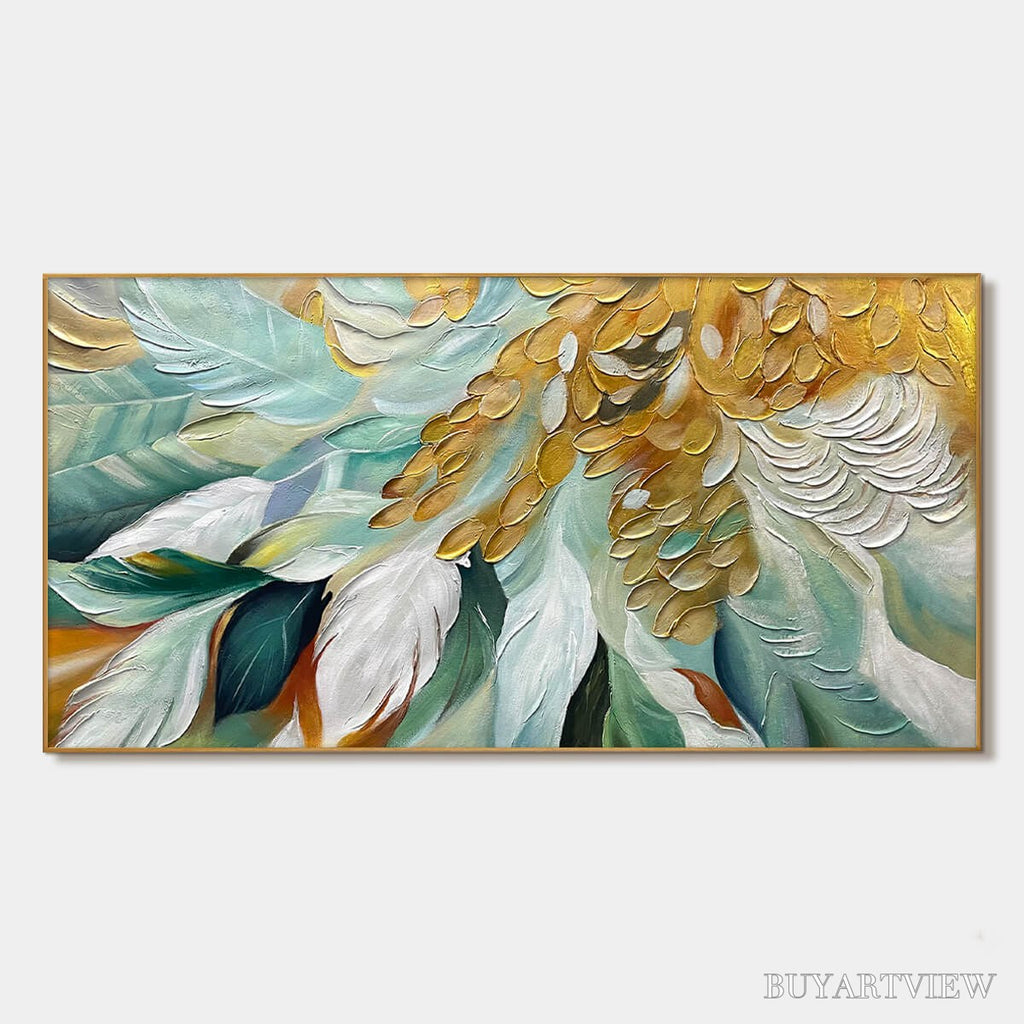 ARTOVITAS Gilded Garden – Green and Gold Floral Textured Impasto Oil Painting - image 1