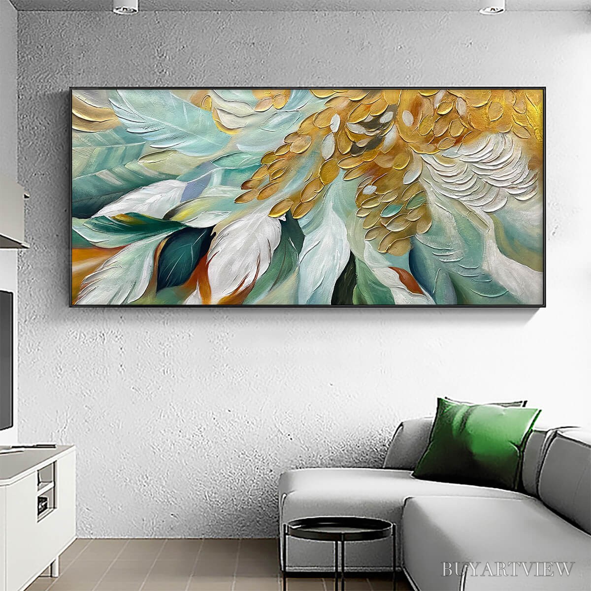 ARTOVITAS Gilded Garden – Green and Gold Floral Textured Impasto Oil Painting - image 2