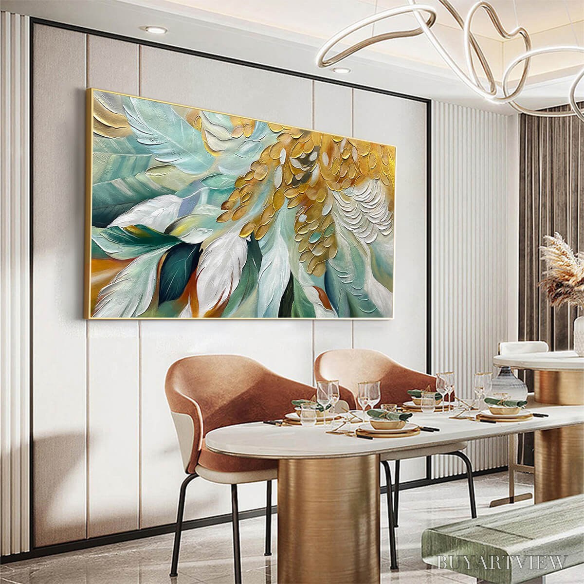 ARTOVITAS Gilded Garden – Green and Gold Floral Textured Impasto Oil Painting - image 4