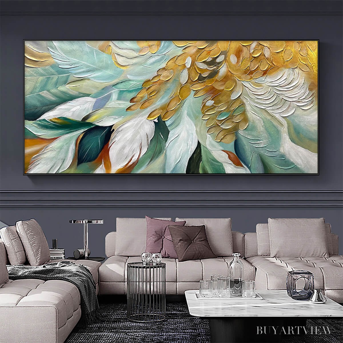 ARTOVITAS Gilded Garden – Green and Gold Floral Textured Impasto Oil Painting - image 6