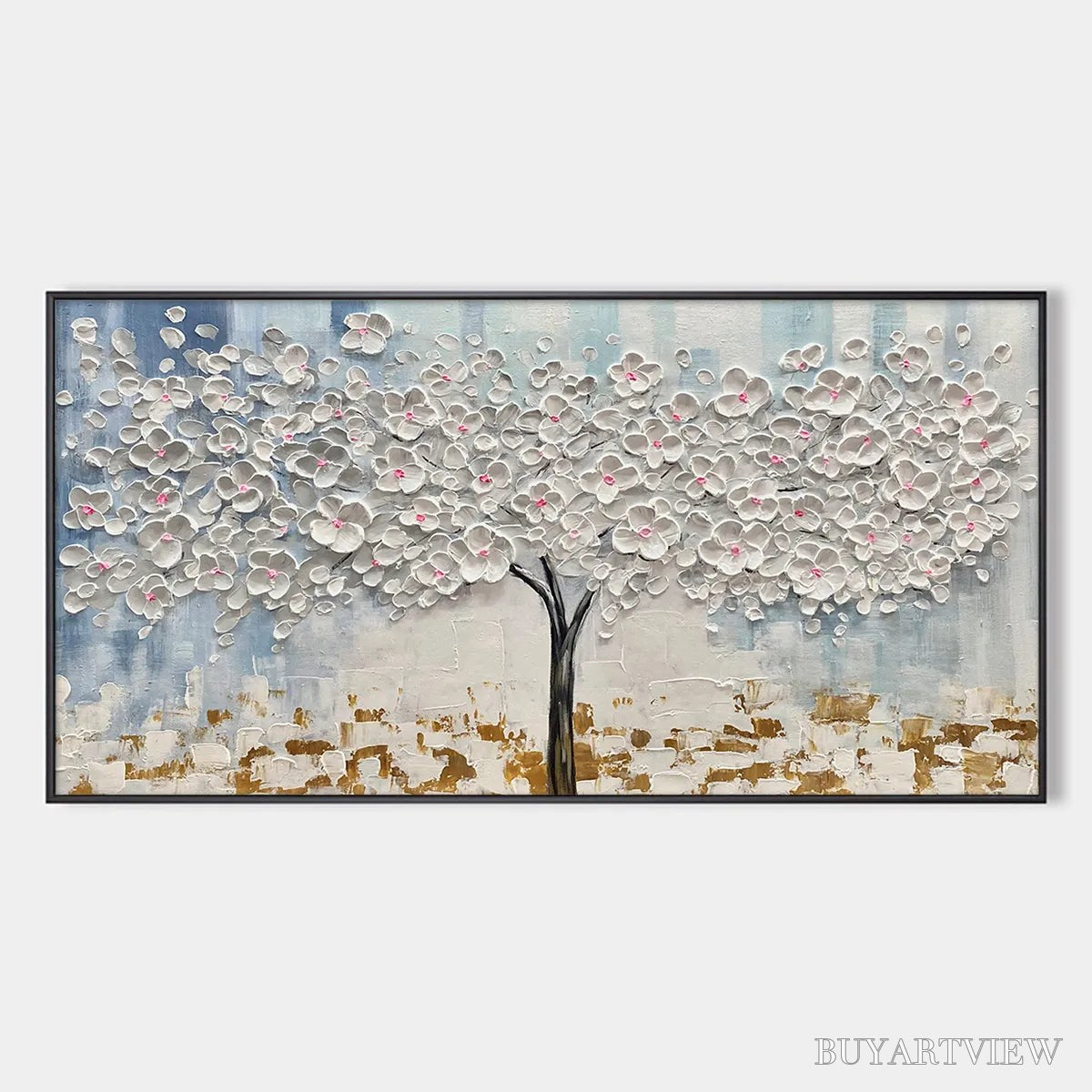 ARTOVITAS Blossom Dream – Textured Blossom Tree Painting in White and Gold - image 1