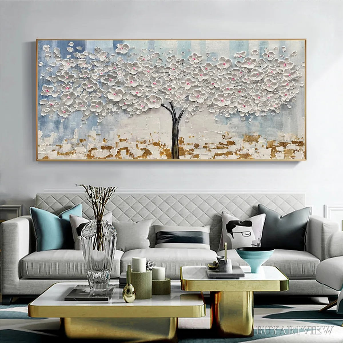 ARTOVITAS Blossom Dream – Textured Blossom Tree Painting in White and Gold - image 2